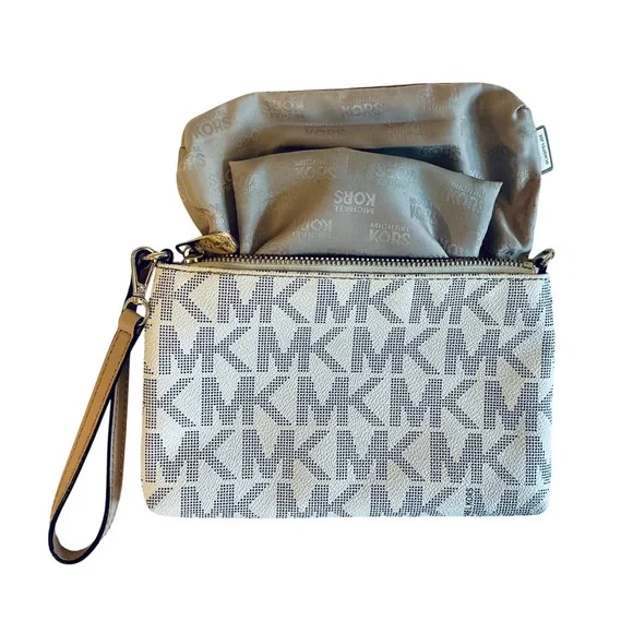Michael Kors Large Leather Wristlet Handbag MK Logo - White - Picture 7 of 9